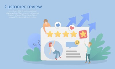 Customer review rating,People Characters Giving Five Star Feedback,Clients Satisfaction online,Product performance evaluation and services based on user experience,Vector illustration.