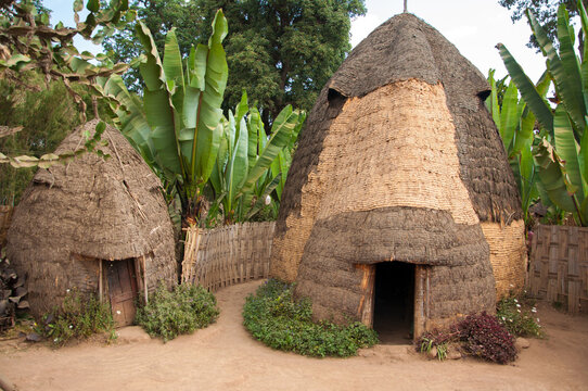 Traditional huts made of wood and banana palms straws in Dorze Village