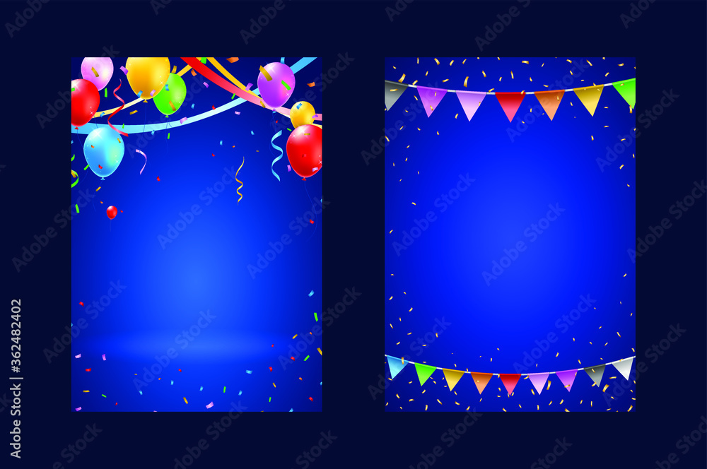Poster set of vertical poster with colorful balloons , confetti and streamers on dark background . isolated