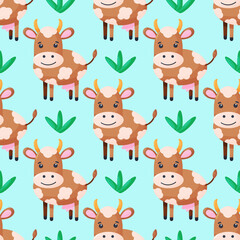 Seamless pattern with cute Cows character. Vector illustration for your design. Vector illustration