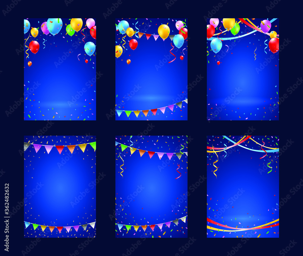 Poster set of vertical poster with colorful balloons , confetti and streamers on dark background . isolated