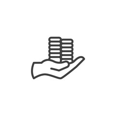 Hand with stacked coins line icon. linear style sign for mobile concept and web design. Salary, loan outline vector icon. Symbol, logo illustration. Vector graphics