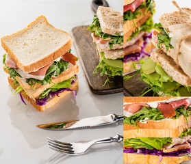 collage of fresh green delicious sandwiches with meat on wooden cutting board near cutlery on marble white surface