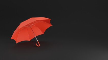 Red umbrella lying on the floor. Minimal black background with copy space. Weather concept. 3D rendering image.