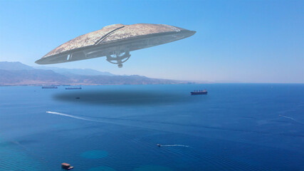 Fototapeta na wymiar 3D RENDERING-Alien ufo Saucers over Red sea with Jordan mountains, Tanker ships Drone view with visual effect Elements, 