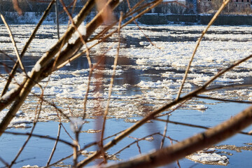 Ice drift on a river with blue high water and big water, white snow broken ice full of hummocks in it and tree branches in the foreground in sunny spring day.