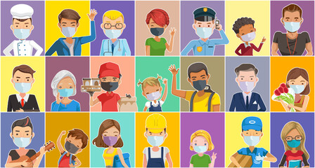 People mask for new normal concept. Person different nationalities characters. Different various ethnicities. Children, elderly and adults. Female and male. Fashion hairstyles. poses and emotions.