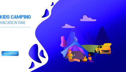 Tiny people kids sitting at campfire and roasting marshmallow near tent and huge backpack. Summer camp, sleepaway camp, kids vacation time concept. Website vibrant violet landing web page template.