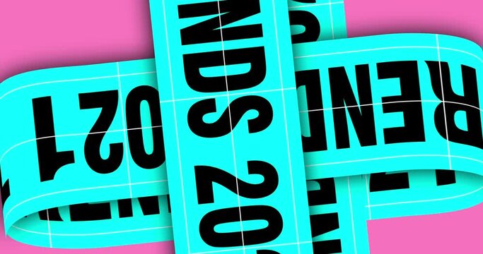 Trends 2021 concept. Animation of the rotation of black words, numbers and letters on blue, pink background. Modern trendy motion design.