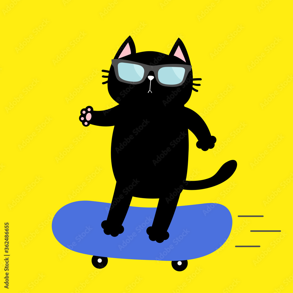 Wall mural cat on skateboard. sunglasses. cute cartoon kawaii funny baby character. skate boy riding at high sp