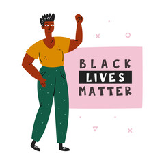 Black lives matter. Afro American man with hand up. Dark skin color. No racism. Active social position. Peace. Positive emotion. Flat vector illustration, icon, sticker. Isolated on white background.