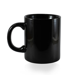 Black ceramic coffee mug on white background.