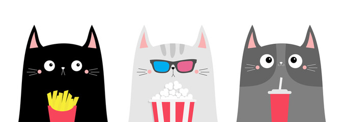 Cat set. Popcorn, soda, french fries. Cute cartoon funny character. Cinema theater. Film show. Kitten in 3D glasses watching movie. Kids print for notebook cover. White background. Flat design