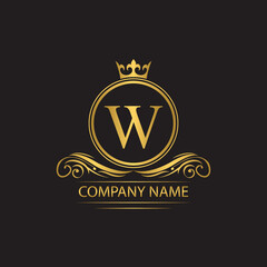 Golden letter W template  logo Luxury letter with crown.  Monogram alphabet . Beautiful royal initials letter.