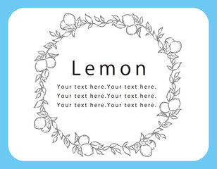リース型、植物イラストのフレーム。枝付きレモン。ベクター画像。