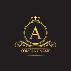 Golden letter A template  logo Luxury letter with crown.  Monogram alphabet . Beautiful royal initials letter.