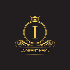 Golden letter I template  logo Luxury letter with crown.  Monogram alphabet . Beautiful royal initials letter.