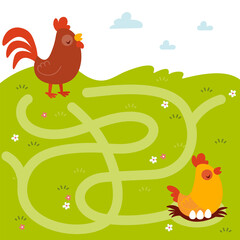 Conundrum. Farm animal educational maze game. Labyrinth page for children's magazine, leisure activity task. Activity for preschool years kids and toddlers.