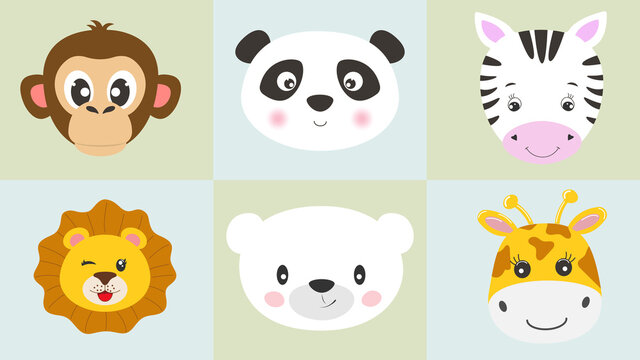 Cute cartoon characters animals monkey, panda, zebra, lion, bear, giraffe, kawaii flat style.
