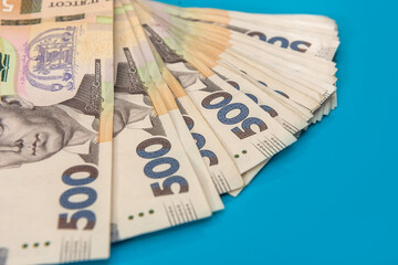 pile of 500 banknotes ukrainian money as financial background. Money and save concept
