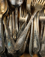 Vintage silver cutlery spoons and forks.