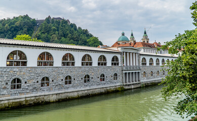Fototapeta na wymiar The river Ljubljanica in Ljubljana, Slovenia with traditional Slovenian architecture and Ljubljana Castle on the hill