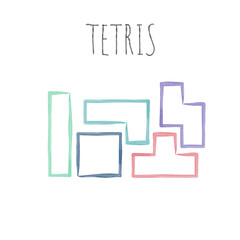 Watercolor linear tetris bricks or shapes. Stock vector illustration isolated on white background.