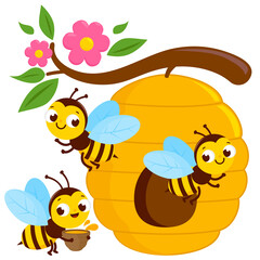 Bees with honeypot flying around a beehive. Vector illustration