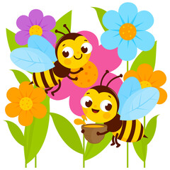 Bees with honeypot flying around flowers. Vector illustration