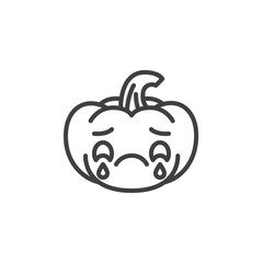 Crying pumpkin face emoji line icon. linear style sign for mobile concept and web design. Unhappy halloween pumpkin emoticon outline vector icon. Symbol, logo illustration. Vector graphics