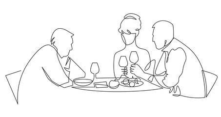 Birthday party continuous one line vector drawing. Woman and guests sitting at table drink wine, toast.