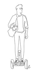 One single line drawing of young stylish man riding electric segway at city park vector illustration. Future transport. Healthy lifestyle sport concept.