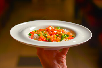 Waiter serving rice with red, green and yellow pepper, tomatoes, red onion, celery. Restaurant service.