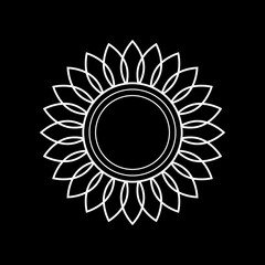 Sunflower icon. Vector illustration. White simple sign. Isolated element on black background. Great for the design of banners, decoration, logo, label, stickers, cards, textiles, prints, etc.