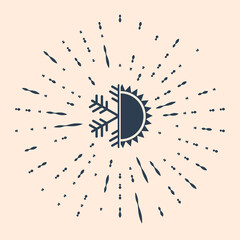Black Hot and cold symbol. Sun and snowflake icon isolated on beige background. Winter and summer symbol. Abstract circle random dots. Vector Illustration