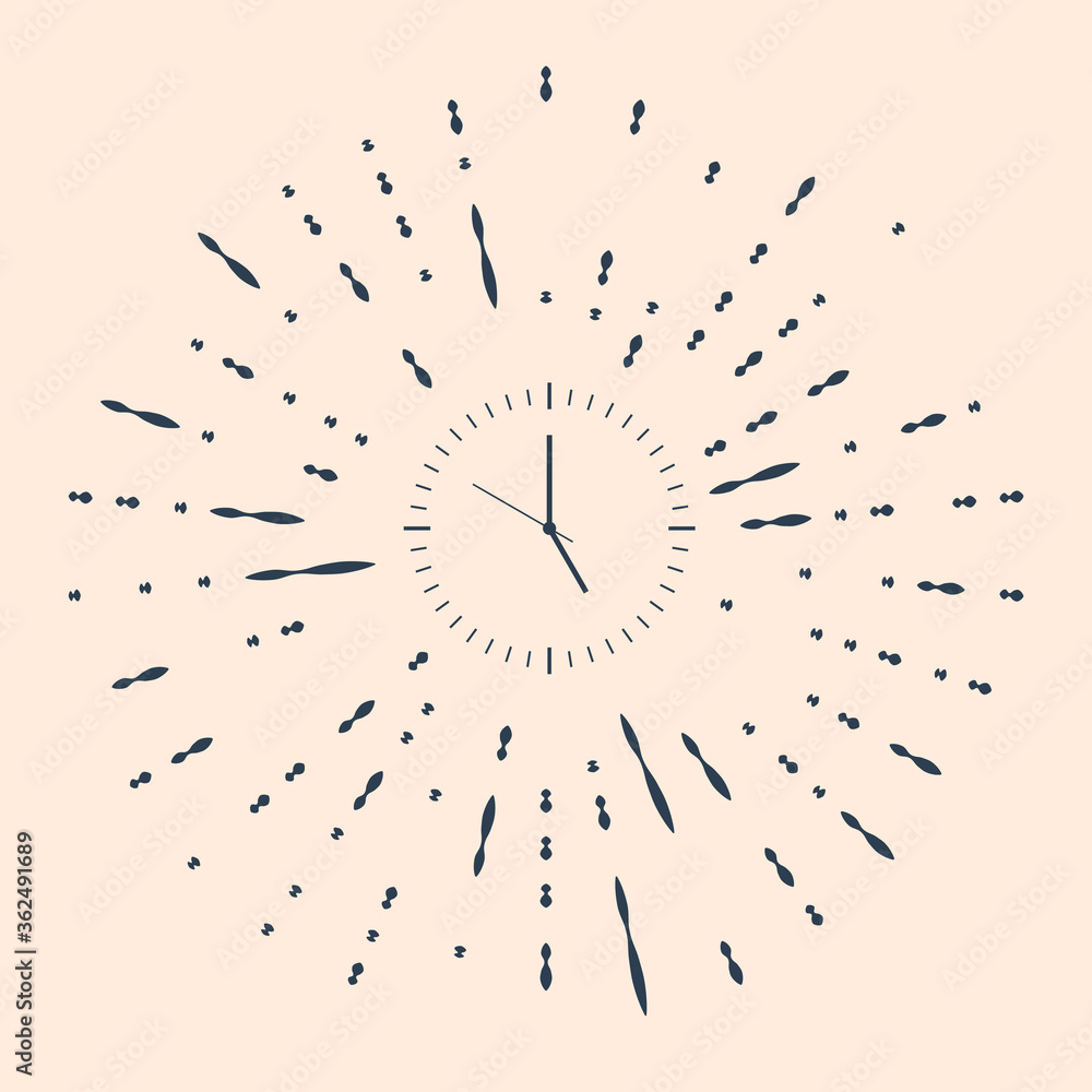Poster black clock icon isolated on beige background. time icon. abstract circle random dots. vector illust