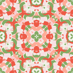 Endless geometric red backdrop. Red, green, pink colors. Random shapes. Vector illustration
