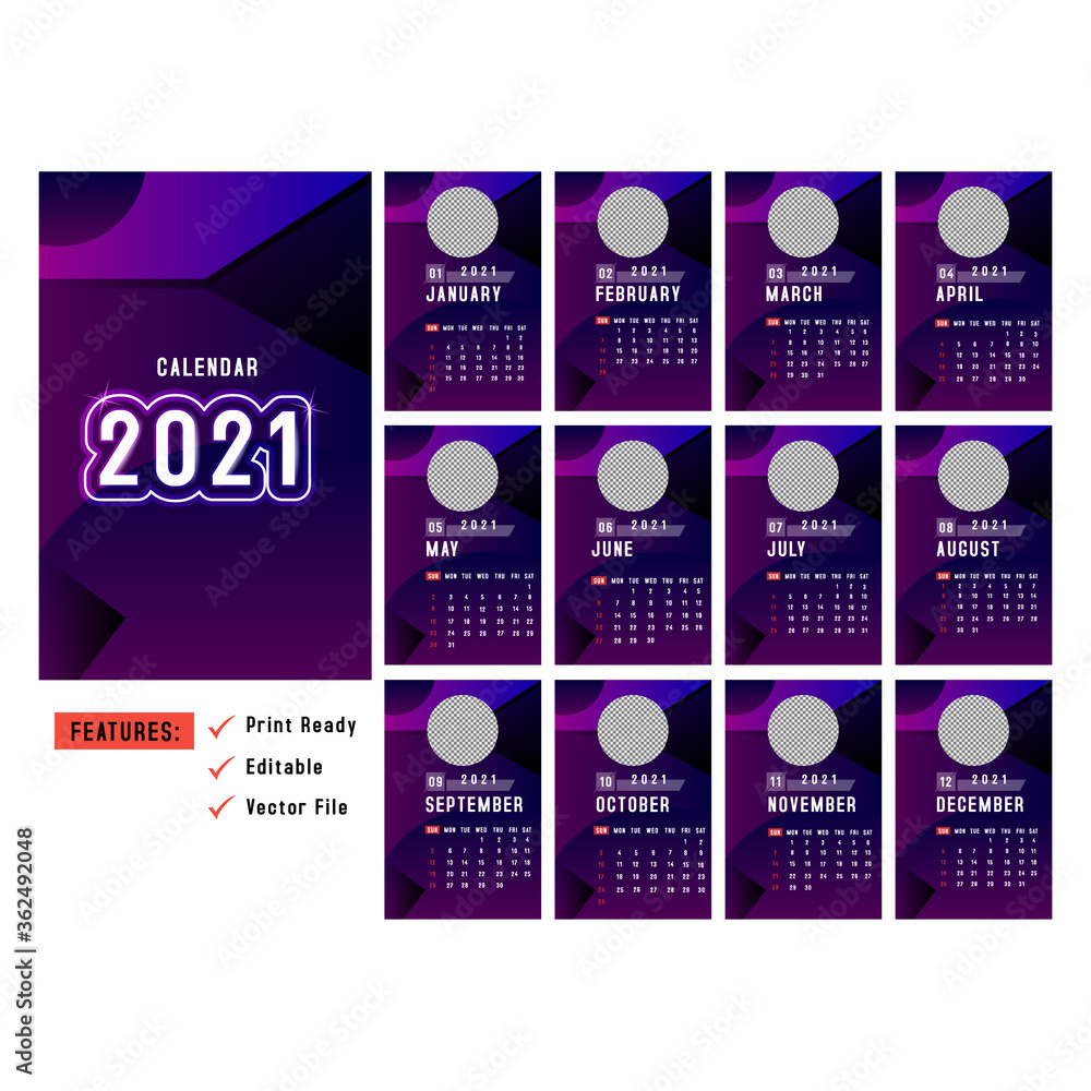 Aufkleber design template calendar 2021 layout design ready to print and easy to editable