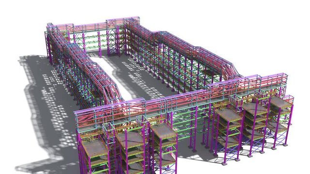 BIM model of a large steel industrial building for presentation to the customer from the design organization. Flight of the structural model of the building. 3D rendering.
