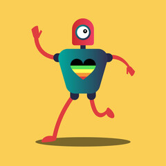 Robot runs with an energy heart,  Ai running look like Human, Human being in Robot with rainbow heart. 
