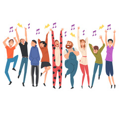 Obraz premium Crowd of Young People Dancing and Singing Along with Performers at Concert Vector Illustration