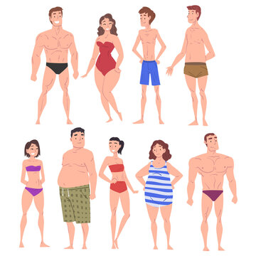 Male and Female Body Types Set, People with Different Human Body Constitution Cartoon Style Vector Illustration on White Background