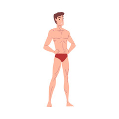 Fototapeta premium Cheerful Slender Athletic Man in Underwear Cartoon Style Vector Illustration on White Background