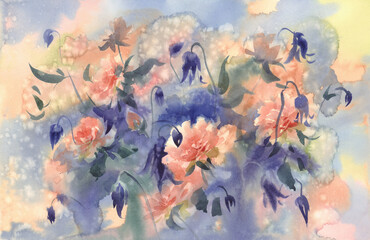 Obraz na płótnie Canvas Light orange roses in blue violet watercolor background