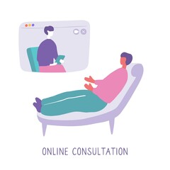Obraz premium Man lies on couch and pours out his soul to psychologist through video communication. Online psychotherapy practice. Remote psychological help, psychiatrist consulting patient. Mental health care