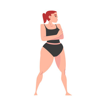 Plus Size Woman in Black Underwear, Triangle Female Figure Type Cartoon Style Vector Illustration on White Background