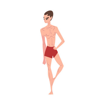 Slender, Thin Young Man in Red Shorts, Male Endomorph Body Type Cartoon Style Vector Illustration on White Background