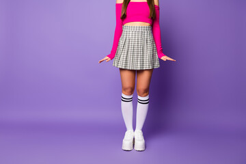 Cropped view of her she nice fashionable attractive slim fit thin slender girl college student posing isolated on bright vivid shine vibrant lilac violet purple color background