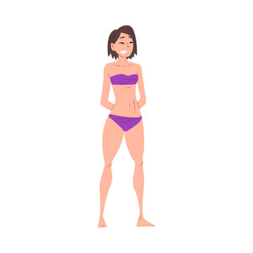 Beautiful Young Woman in Bathing Suit, Slim Female Figure Cartoon Style Vector Illustration on White Background