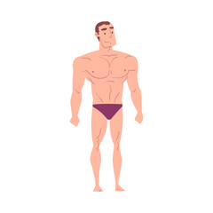 Fototapeta premium Athletic Muscular Man in Underwear, Inverted Triangle Male Body Type Cartoon Style Vector Illustration on White Background